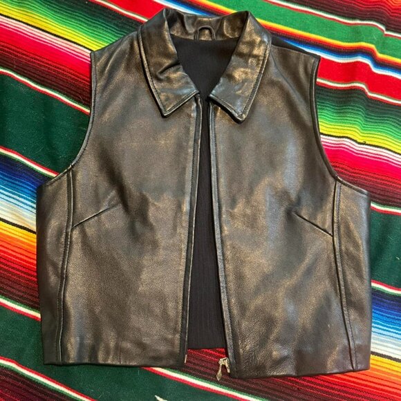 Y2K 'Siena Studio' BLACK CROPPED Leather Vest - Genuine Moto Biker Minimalist ~ - Picture 1 of 8